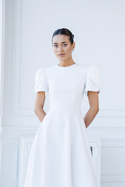 Alexa White Round Neck Puff-Sleeve Midi Dress