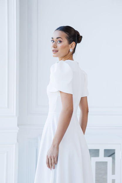 Alexa White Round Neck Puff-Sleeve Midi Dress