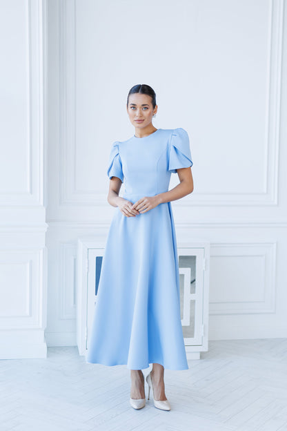 Alexa Sky-Blue Round Neck Puff-Sleeve Midi Dress