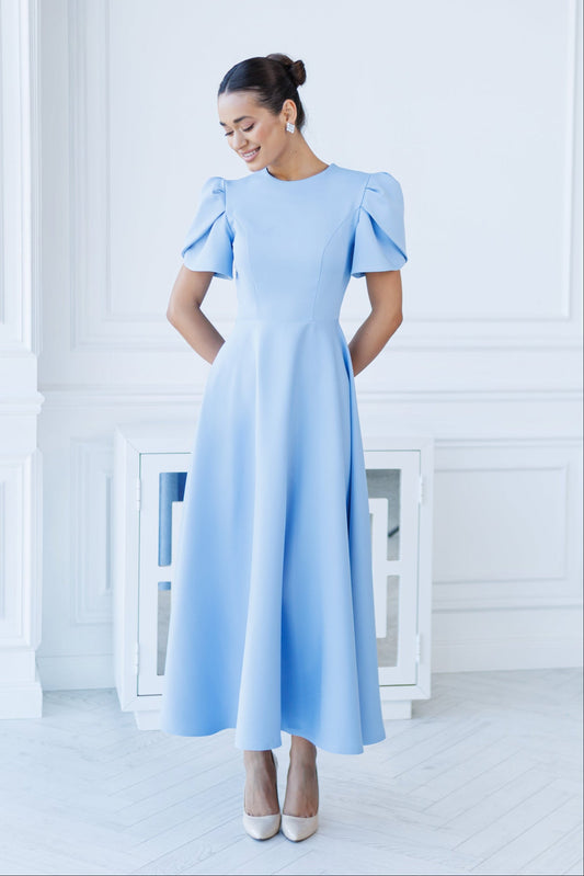 Alexa Sky-Blue Round Neck Puff-Sleeve Midi Dress