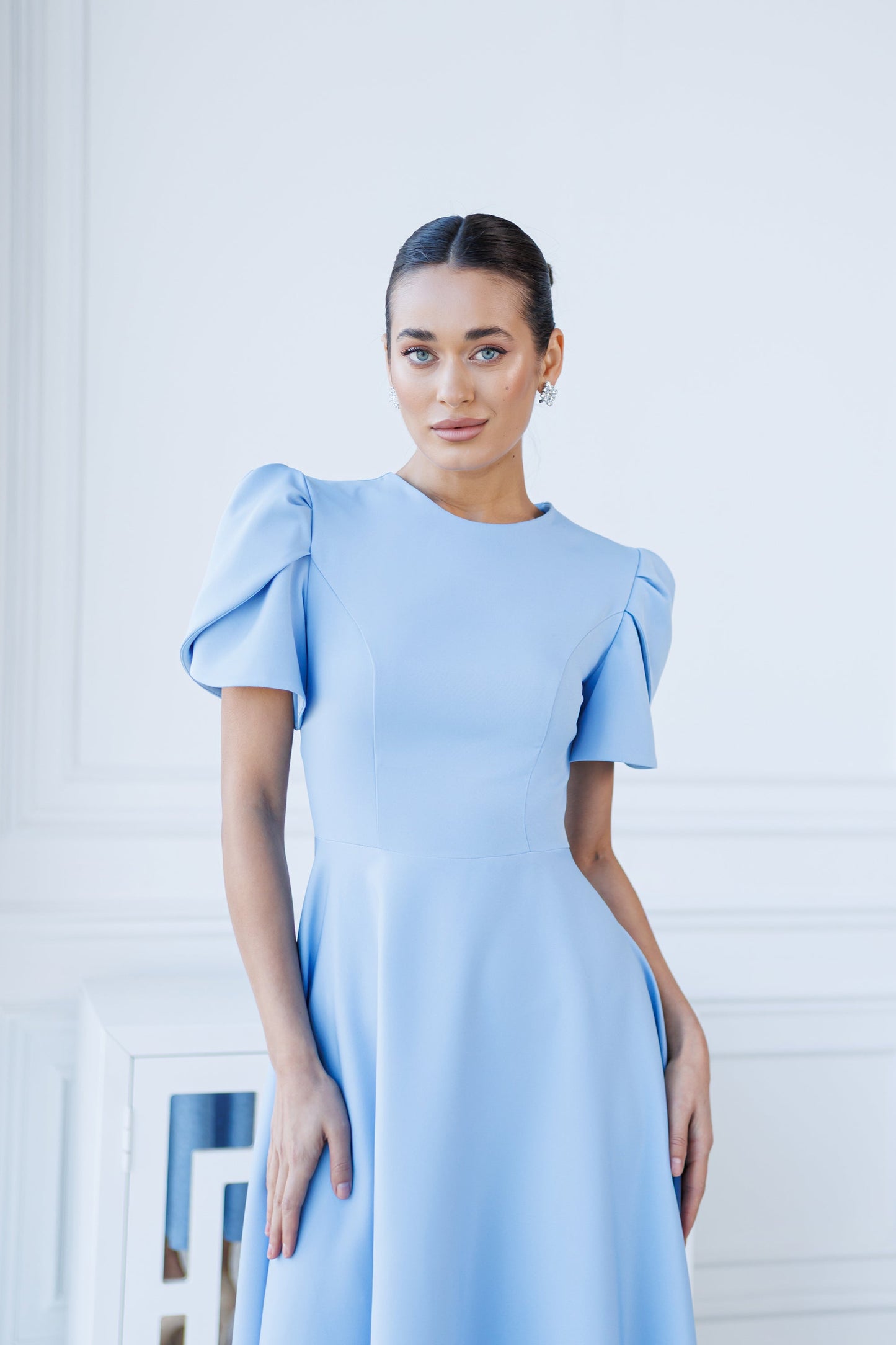 Alexa Sky-Blue Round Neck Puff-Sleeve Midi Dress