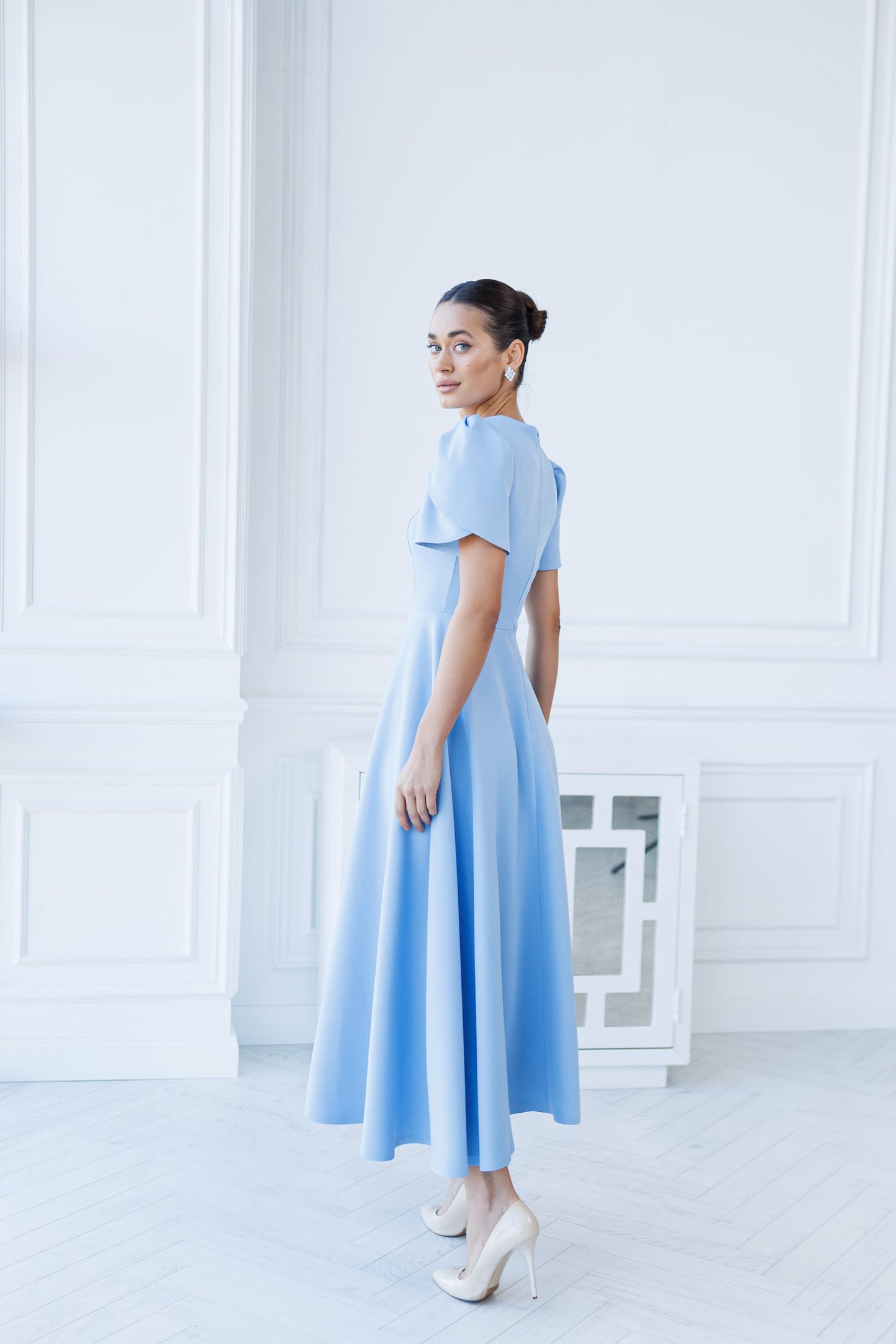 Alexa Sky-Blue Round Neck Puff-Sleeve Midi Dress