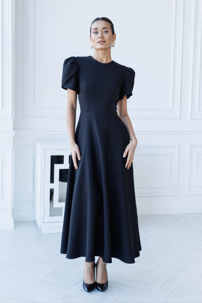 Alexa Black Round Neck Puff-Sleeve Midi Dress