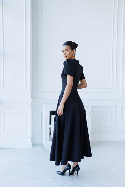 Alexa Black Round Neck Puff-Sleeve Midi Dress