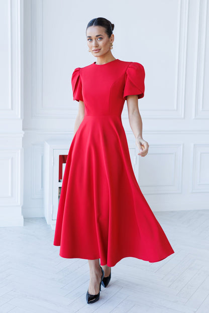 Alexa Red Round Neck Puff-Sleeve Midi Dress