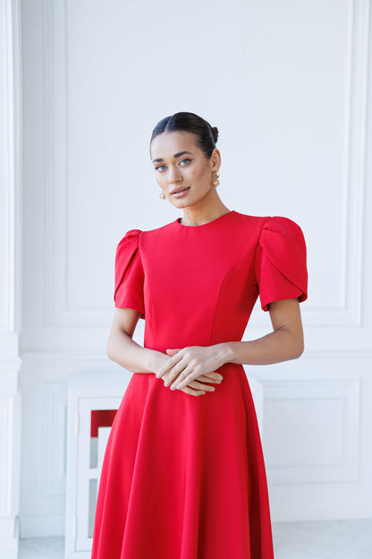 Alexa Red Round Neck Puff-Sleeve Midi Dress
