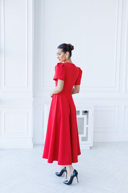 Alexa Red Round Neck Puff-Sleeve Midi Dress