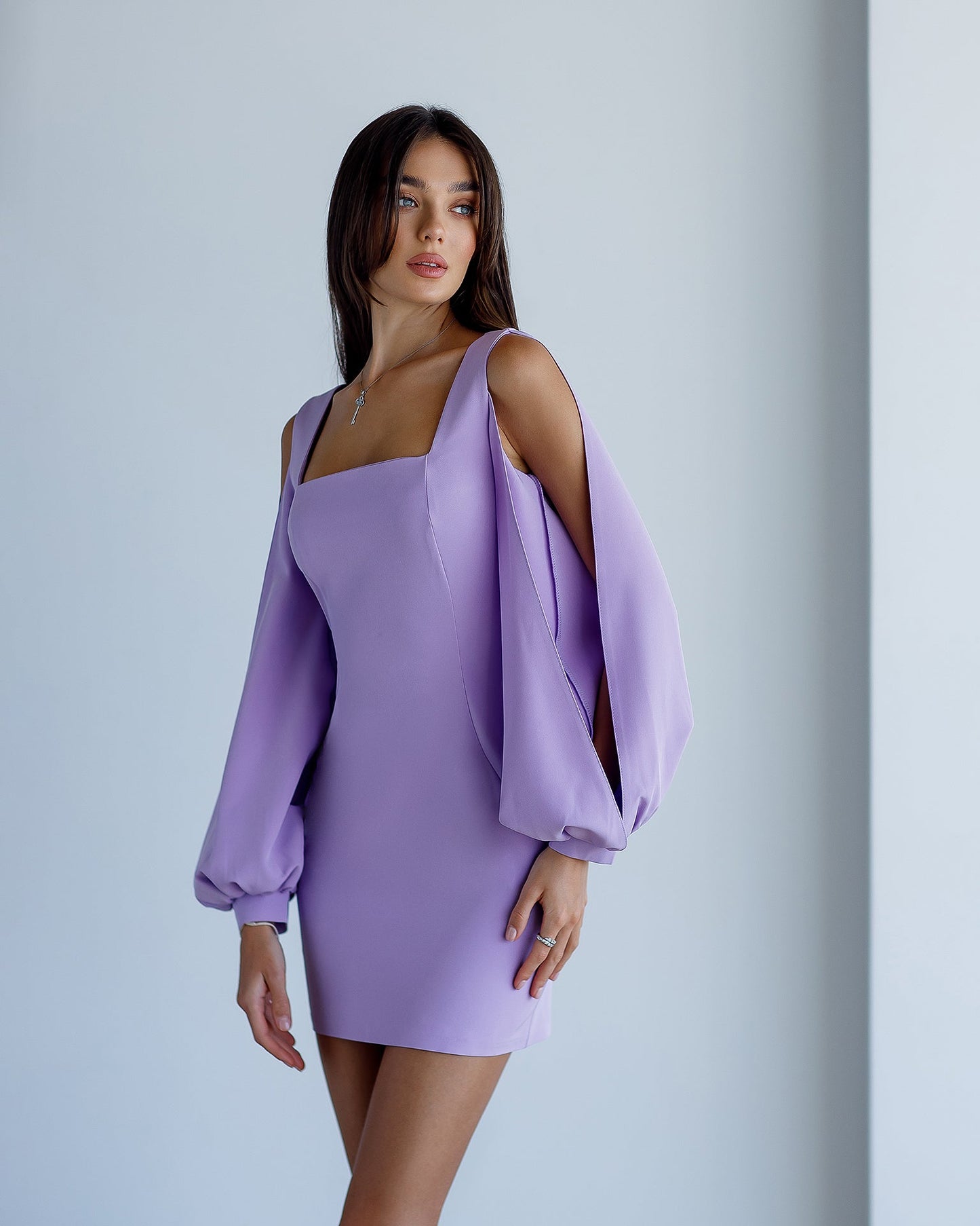 Lavender Square Neck Сut-Out Sleeve Mini Dress