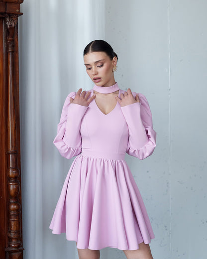 Bella Dusty-Pink Choker-Neck Puff Sleeve Mini Dress