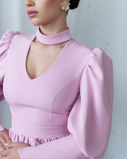 Bella Dusty-Pink Choker-Neck Puff Sleeve Mini Dress