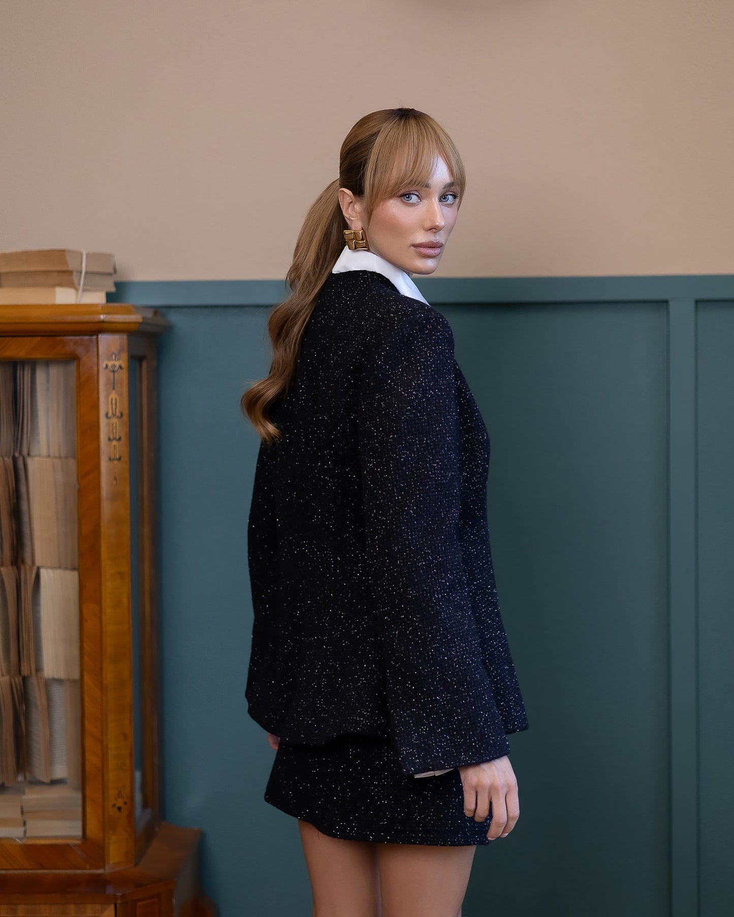 Serena Black Tweed Peplum Blazer & Mini Skirt Suit 2-Piece