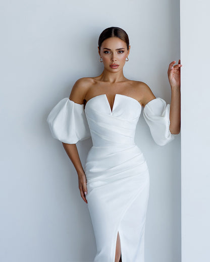 White Satin Puff-Sleeve Midi Dress