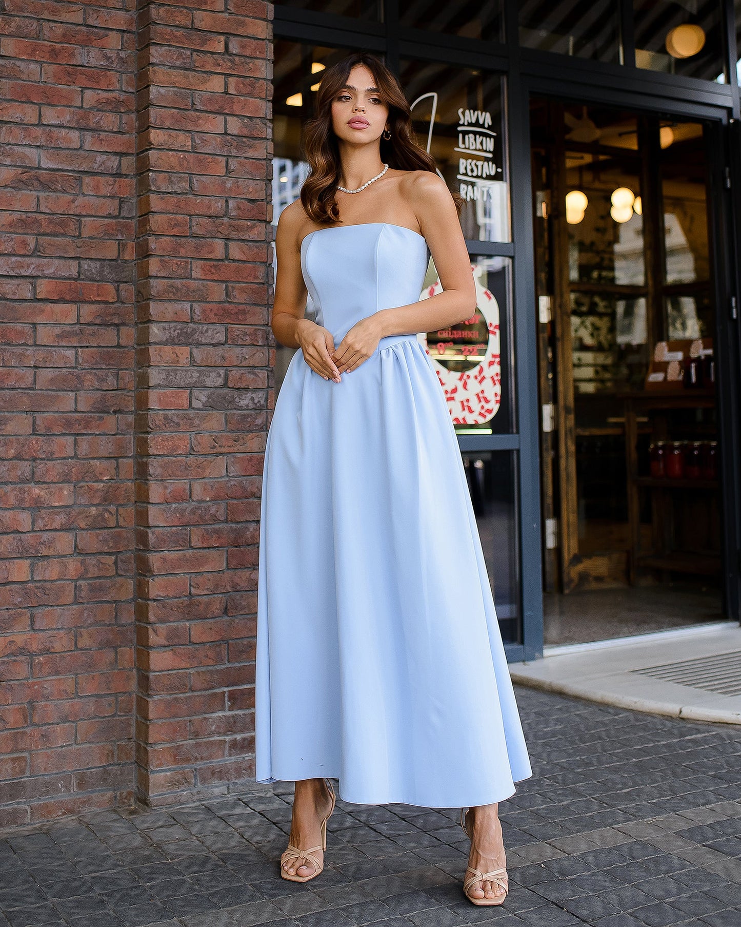 Sky-Blue Strapless Midi Dress