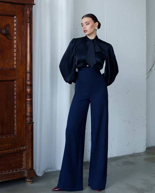 Bella Navy Draped Waist Wide-Leg Pants