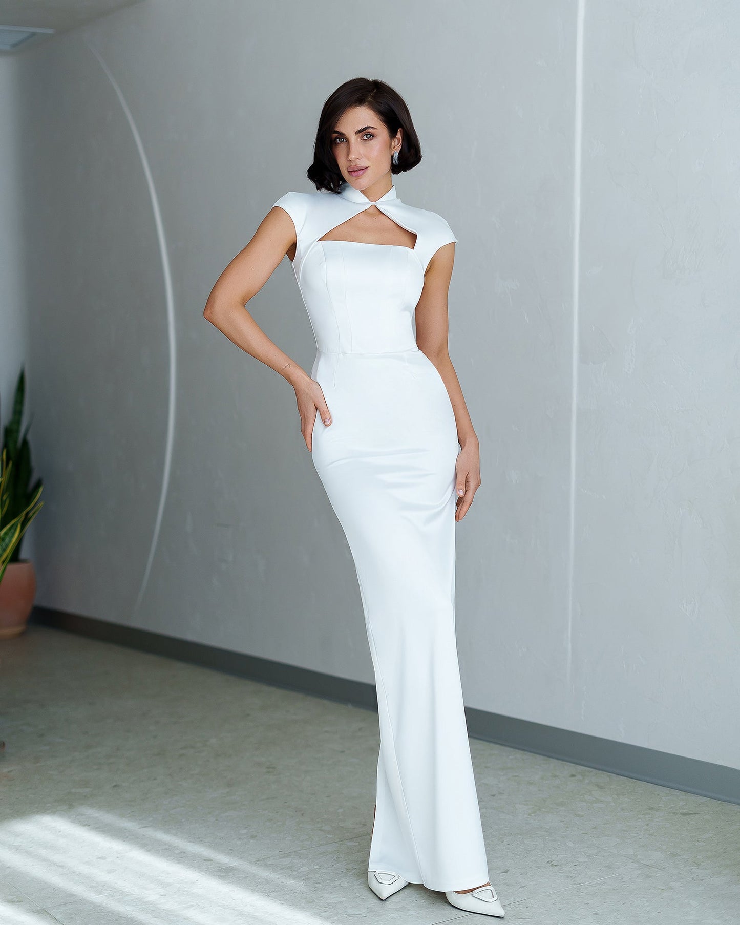 White Cap Sleeve Corset Cut-Out Maxi Dress