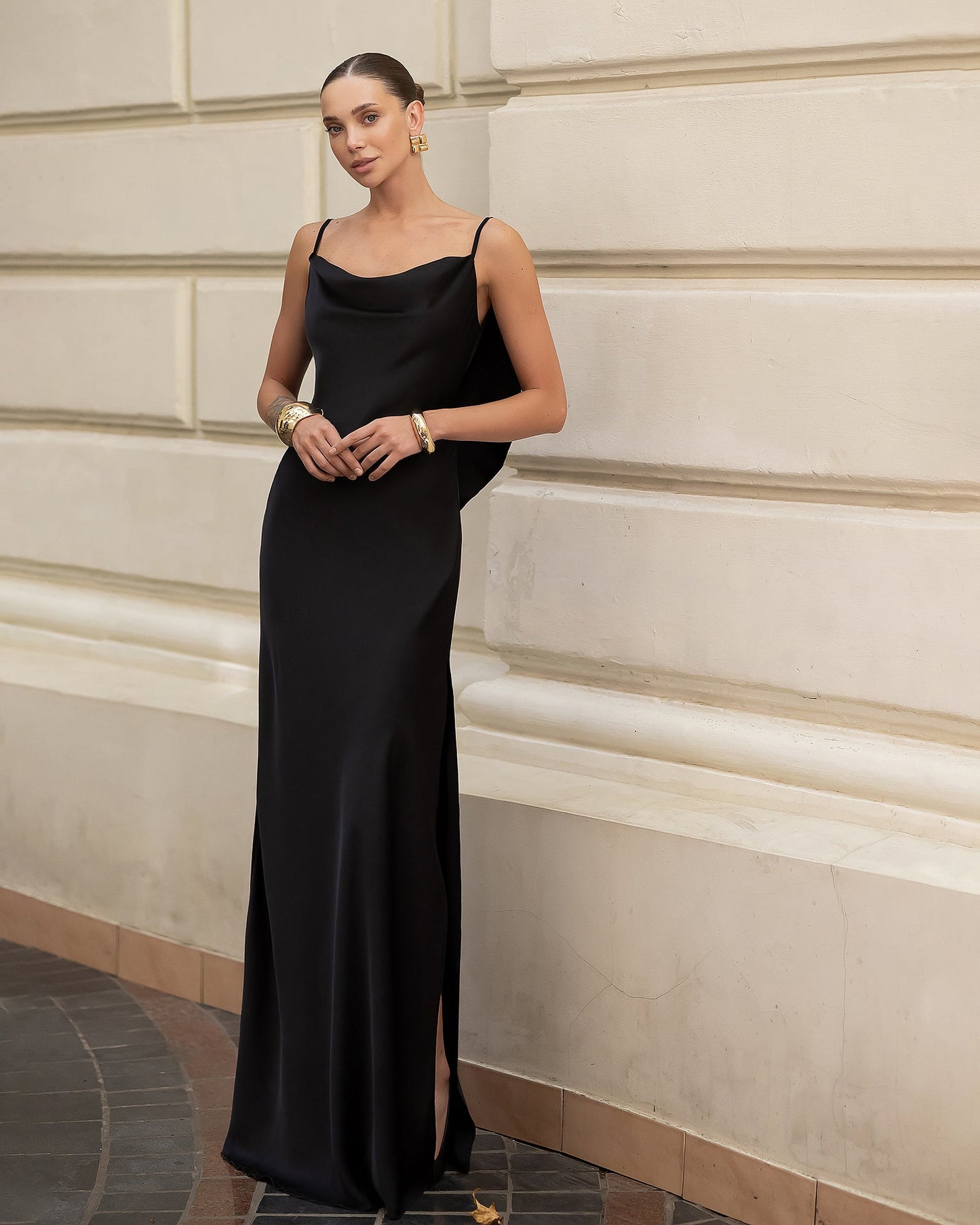 Black Satin Cowl-Neck Backless Slip Maxi Dress