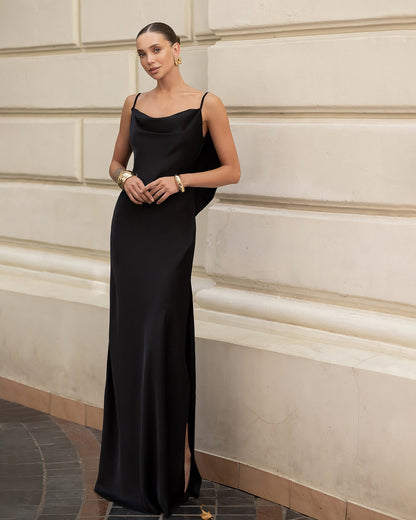 Black Satin Cowl-Neck Backless Slip Maxi Dress