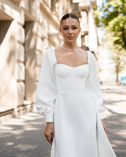 Ivory Puff-Sleeve Midi Dress