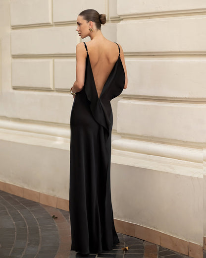 Black Satin Cowl-Neck Backless Slip Maxi Dress