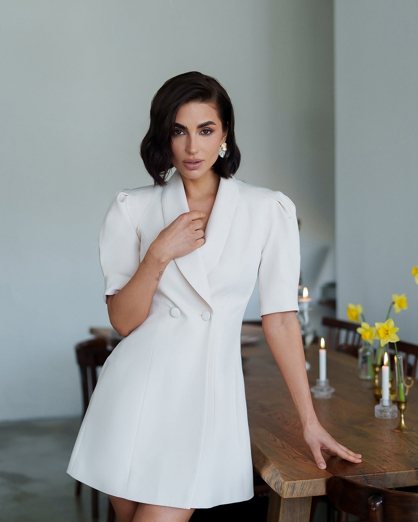 Bella White Collared Puff-Sleeve Mini Dress