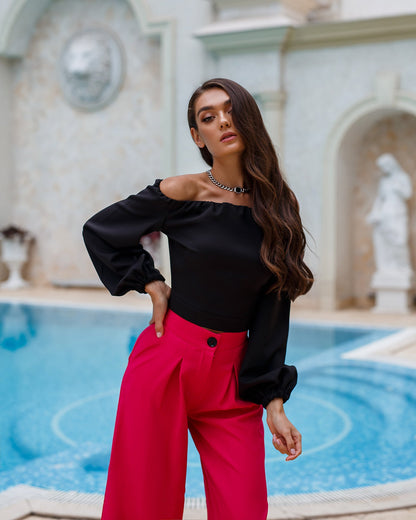 Black Off-The-Shoulder Puff-Sleeve Top