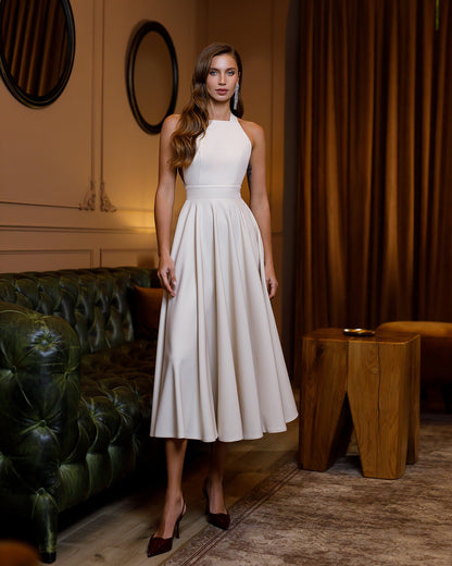 Julie Beige Halter Neck Midi Dress