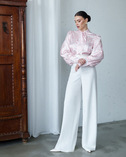 Julie Pink Satin Bow-Neck Puff Sleeve Blouse