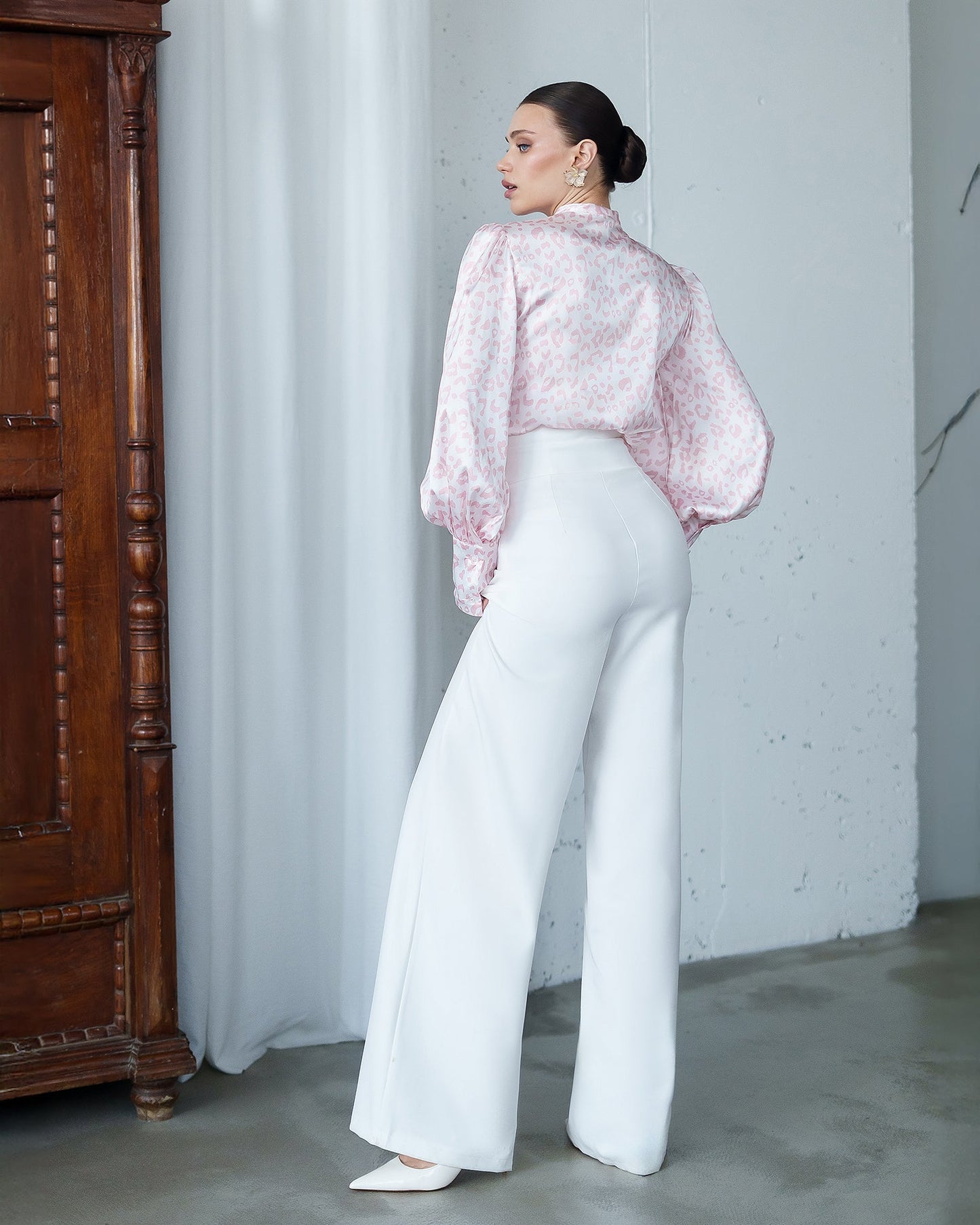 Julie Pink Satin Bow-Neck Puff Sleeve Blouse