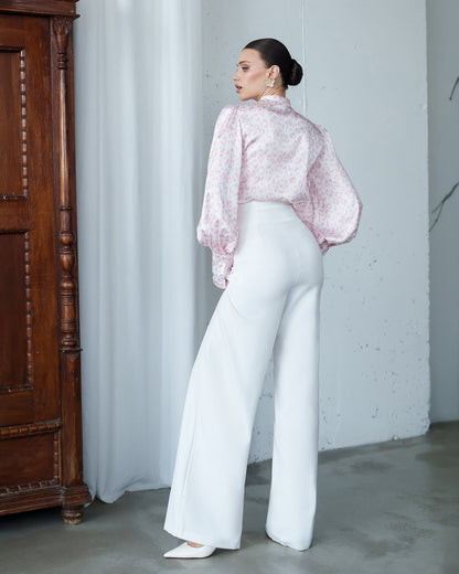 Julie Pink Satin Bow-Neck Puff Sleeve Blouse