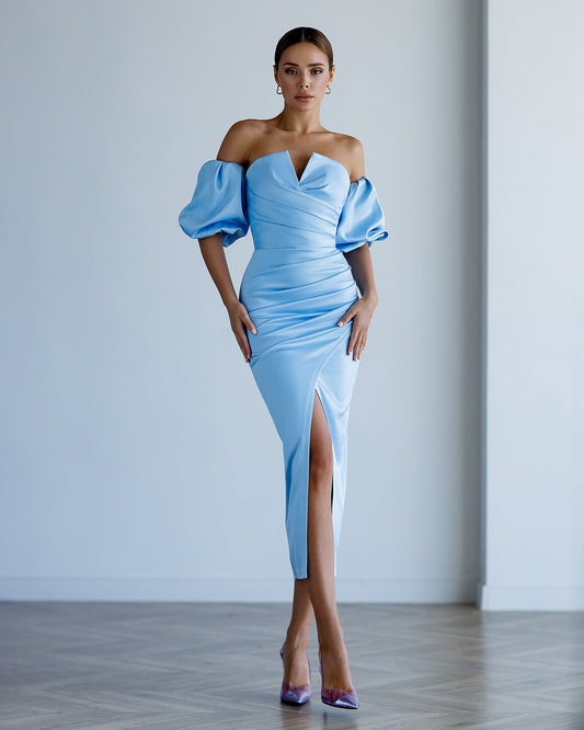 Sky-Blue Satin Puff-Sleeve Midi Dress
