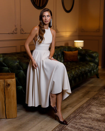 Julie Beige Halter Neck Midi Dress
