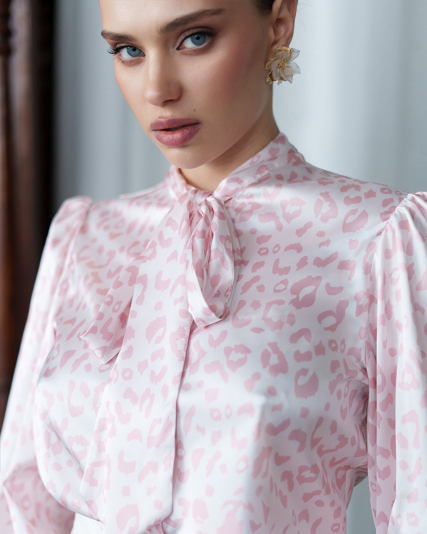 Julie Pink Satin Bow-Neck Puff Sleeve Blouse