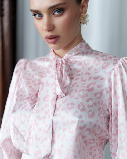 Julie Pink Satin Bow-Neck Puff Sleeve Blouse