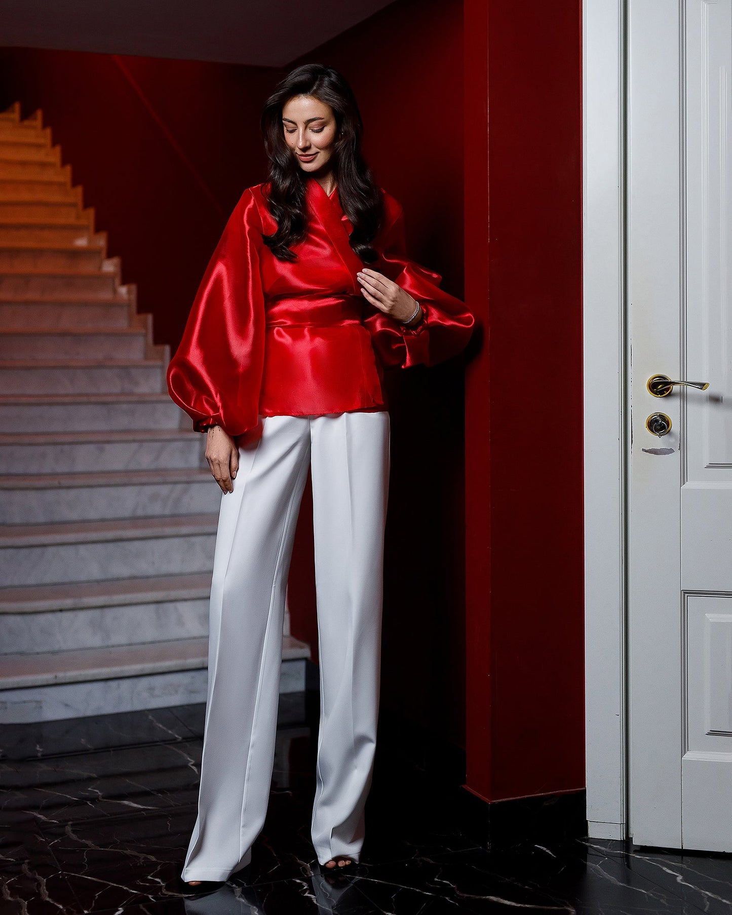 Red Shawl Collar Puff-Sleeve Belted Dress Tunic Blouse