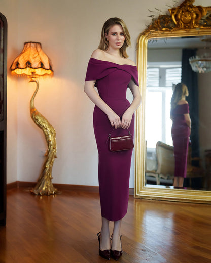 Gloria Bordeaux Off-The-Shoulder Midi Dress