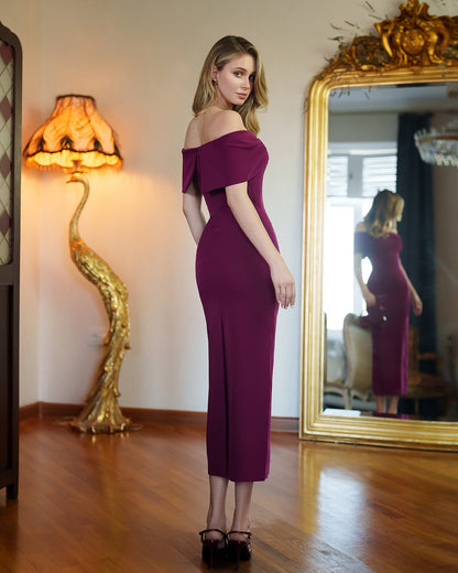 Gloria Bordeaux Off-The-Shoulder Midi Dress