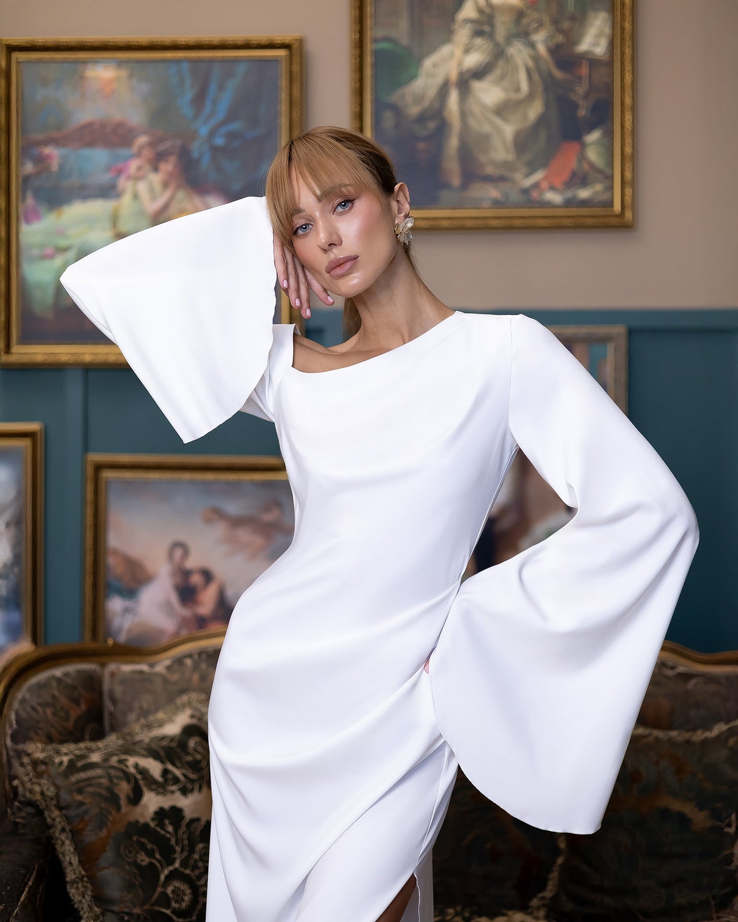 Celeste White Satin Asymmetric One-Shoulder Midi Dress