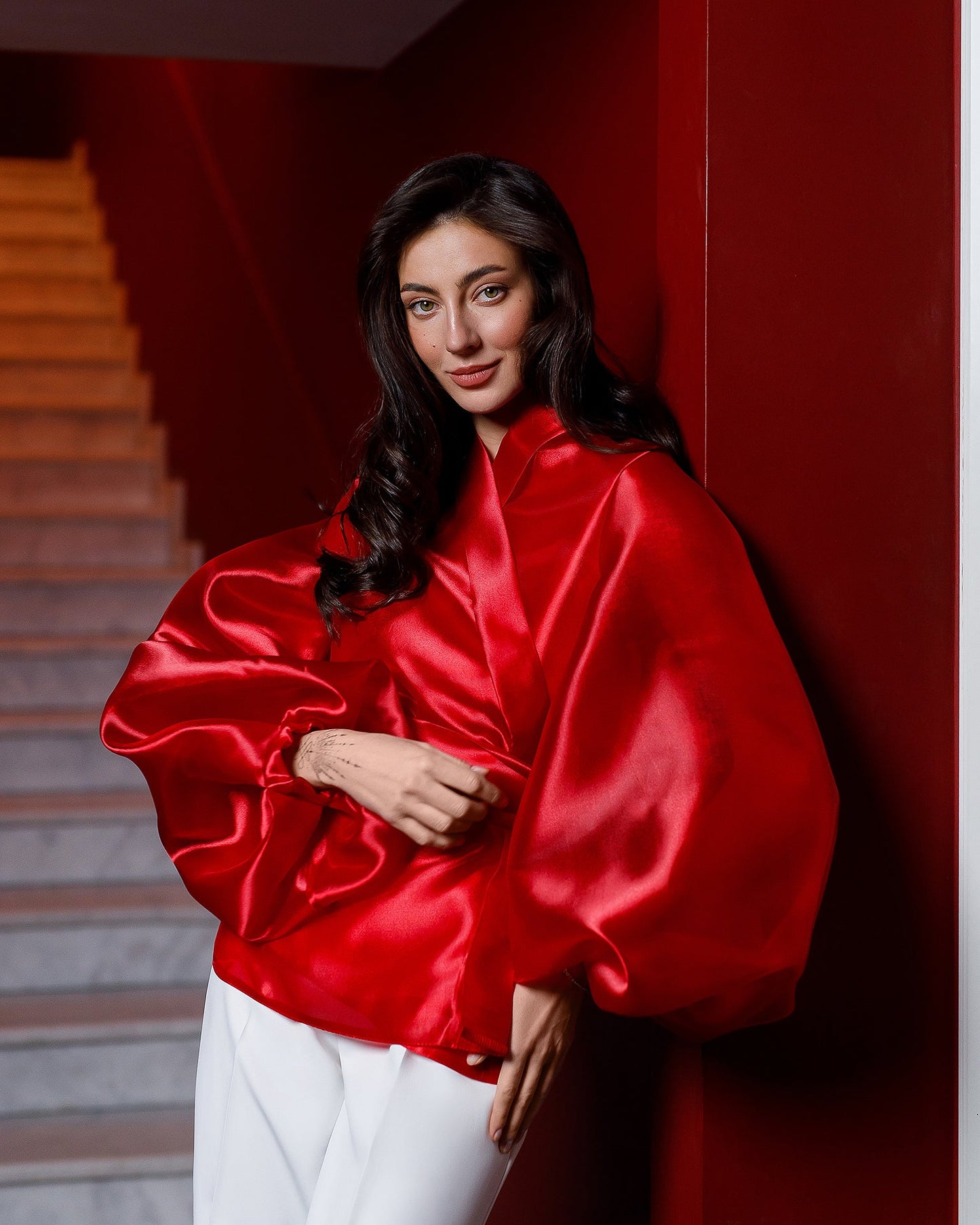 Red Shawl Collar Puff-Sleeve Belted Dress Tunic Blouse