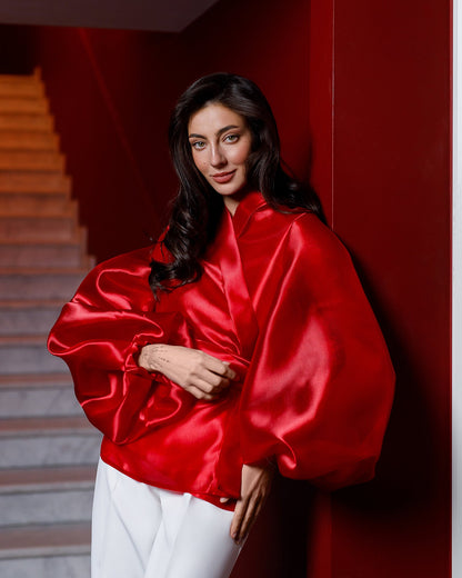 Red Shawl Collar Puff-Sleeve Belted Dress Tunic Blouse