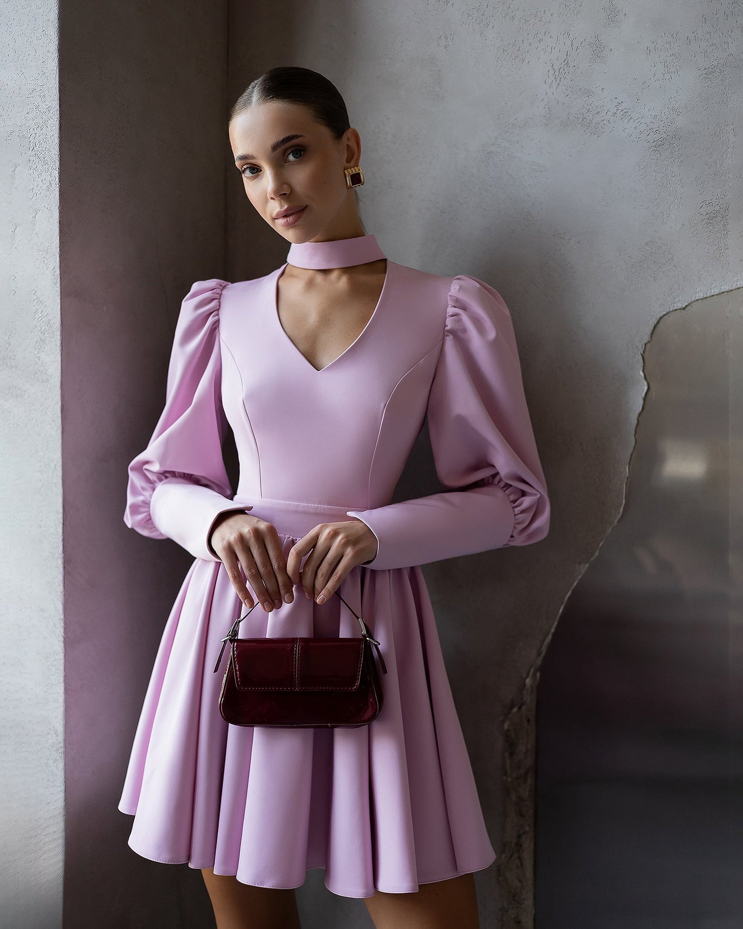 Bella Dusty-Pink Choker-Neck Puff Sleeve Mini Dress