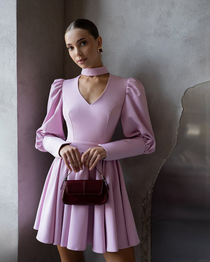 Bella Dusty-Pink Choker-Neck Puff Sleeve Mini Dress