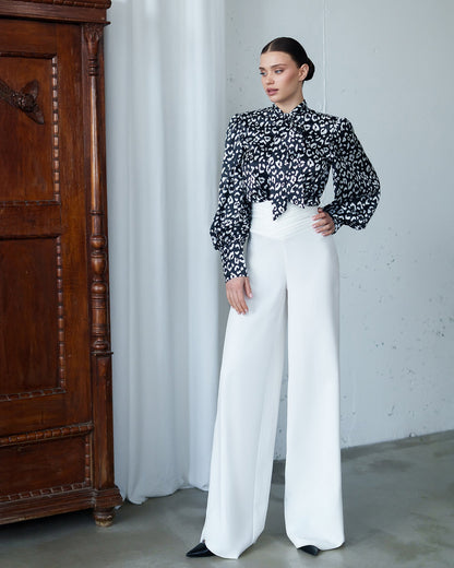 Julie Black-White Satin Bow-Neck Puff Sleeve Blouse