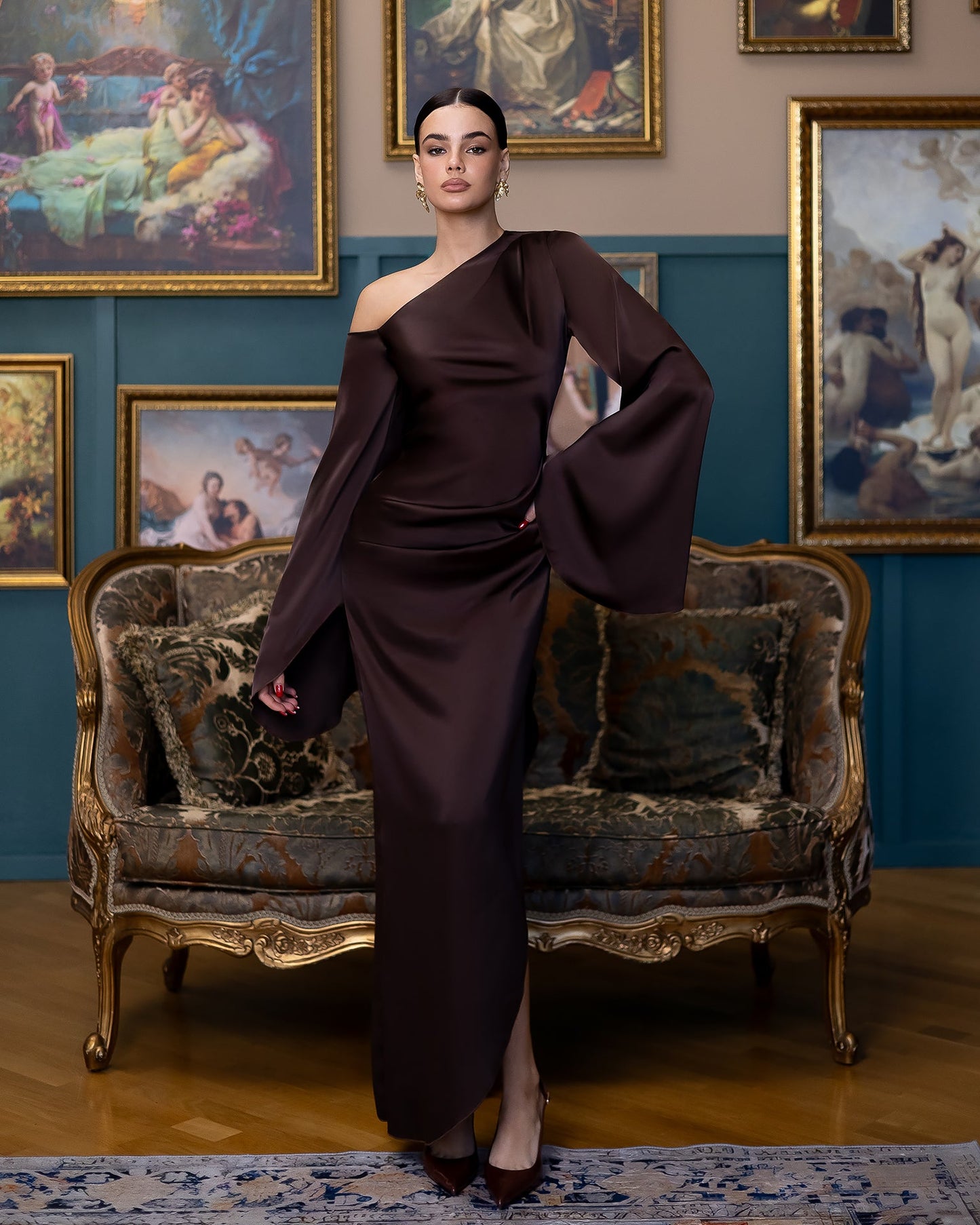 Celeste Brown Satin Asymmetric One-Shoulder Midi Dress