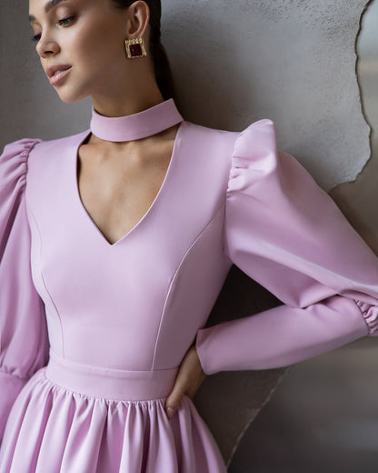 Bella Dusty-Pink Choker-Neck Puff Sleeve Mini Dress