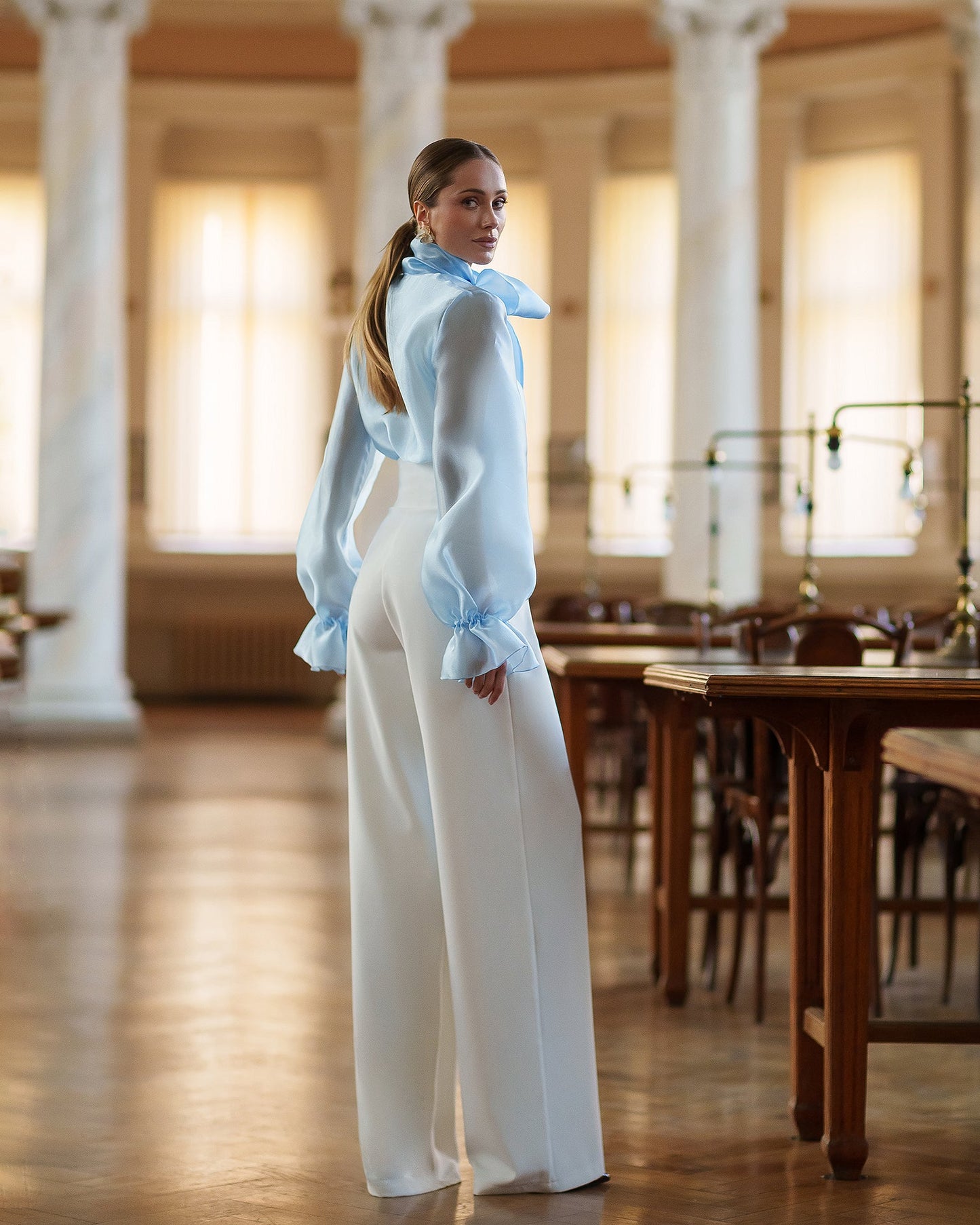 Sky-Blue Sheer Organza Bow-Neck Puff Sleeve Blouse