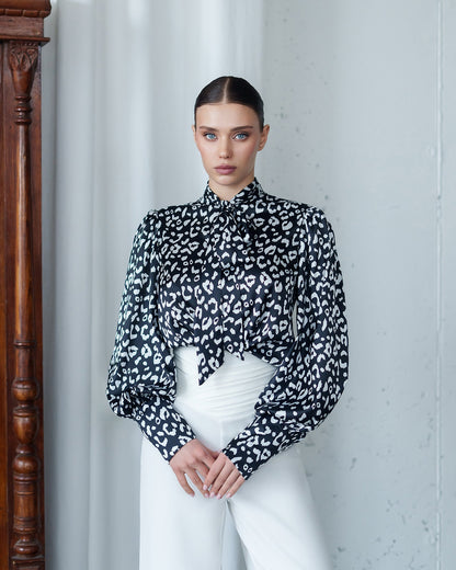 Julie Black-White Satin Bow-Neck Puff Sleeve Blouse