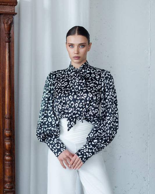 Julie Black-White Satin Bow-Neck Puff Sleeve Blouse