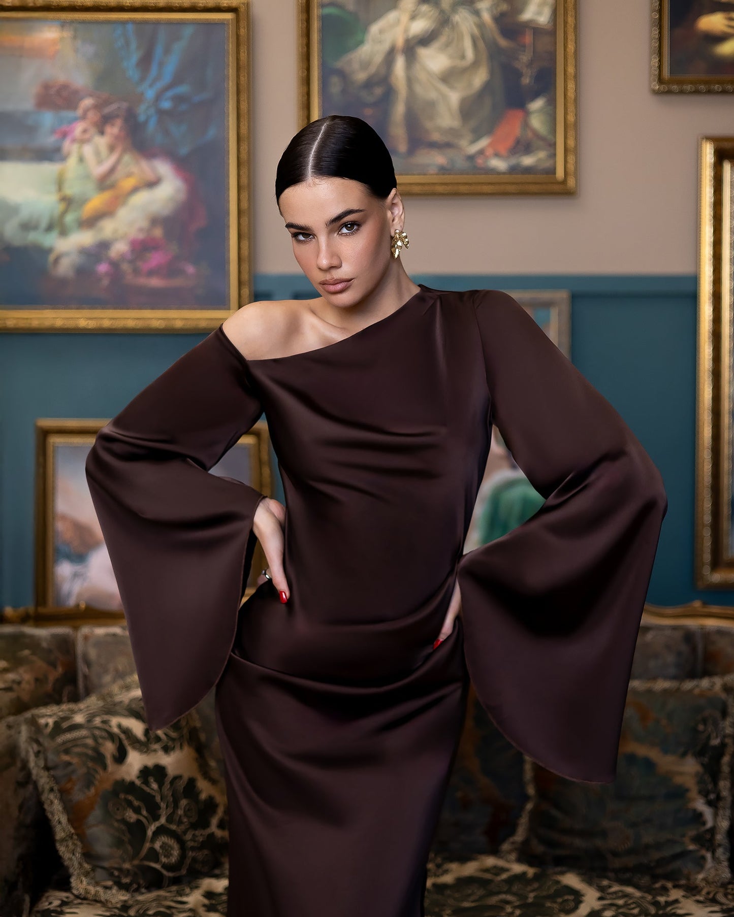 Celeste Brown Satin Asymmetric One-Shoulder Midi Dress