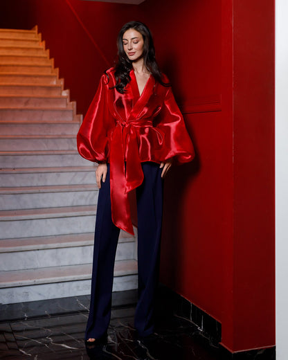 Red Shawl Collar Puff-Sleeve Belted Dress Tunic Blouse