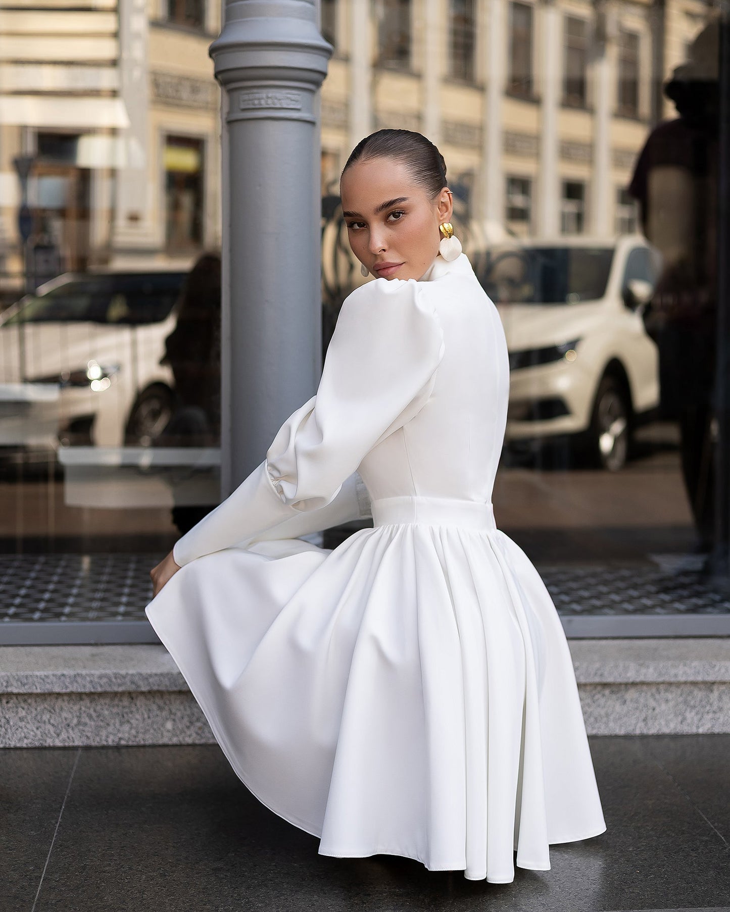 Bella White Choker-Neck Puff Sleeve Mini Dress